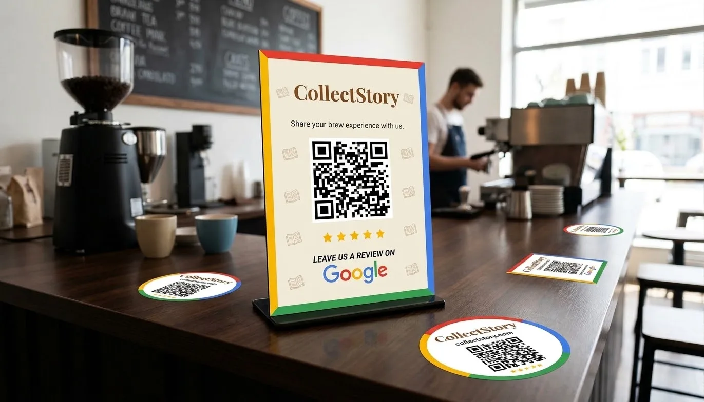 A CollectStory review stand with a QR code on a café counter, review stickers on the tables, and a barista making coffee behind it